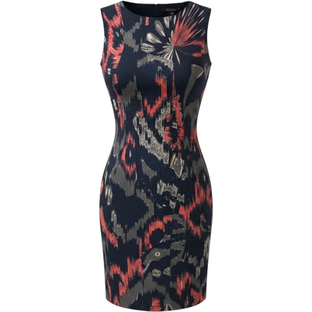 Tahari Womens Abstract Ikat Sheath Dress Navy Blue Coral Sleeveless Knee Length